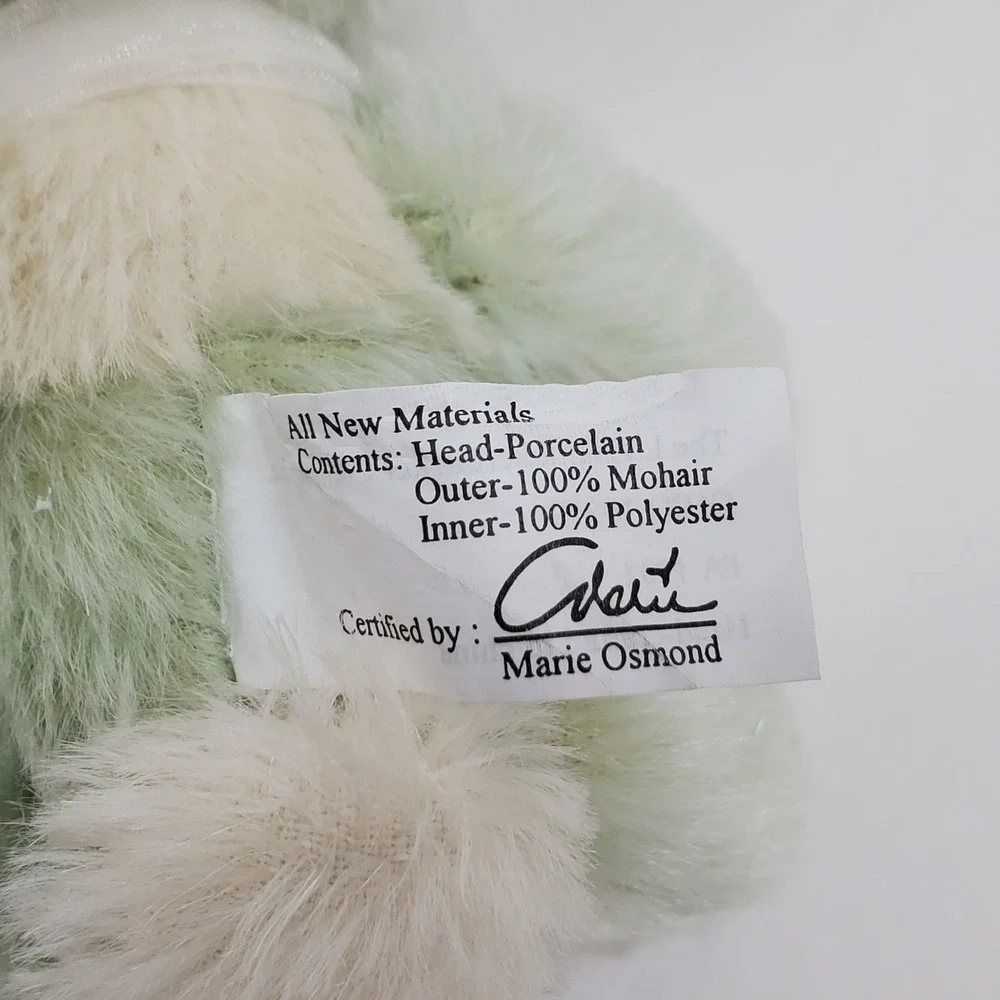 Marie Osmond Porcelain Bunny Doll Mint Green Mohair‎ Knickerbocker 7 inch Seated